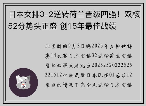 日本女排3-2逆转荷兰晋级四强！双核52分势头正盛 创15年最佳战绩